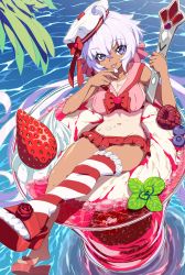 Rule 34 | 1girl, absurdres, ahoge, bikini, blueberry, breasts, dessert, food, frilled bikini, frills, fruit, hat, highres, ice cream, large breasts, long hair, looking at viewer, low twintails, navel, one-piece tan, purple eyes, red bikini, senki zesshou symphogear, shiny skin, silver hair, single thighhigh, sitting, solo, strawberry, striped clothes, striped thighhighs, swimsuit, tan, tanline, thighhighs, tongue, tongue out, twintails, uganda (ugandam 00), water, yukine chris
