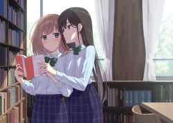 Rule 34 | 2girls, black hair, blue skirt, blush, book, bookshelf, bow, bowtie, brown hair, chair, closed mouth, commentary request, green eyes, green neckwear, hand on another&#039;s hand, holding, holding book, indoors, library, long hair, long sleeves, medium hair, multiple girls, nuenue, original, parted lips, plaid, plaid skirt, purple eyes, school uniform, shirt, shirt tucked in, skirt, table, upper body, white shirt, window, yuri