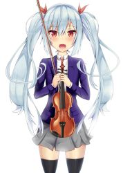 Rule 34 | 1girl, absurdres, blazer, blue hair, blush, bow, fang, grey skirt, hair bow, highres, instrument, jacket, kaptivate, light blue hair, long hair, long sleeves, looking at viewer, necktie, open mouth, original, red bow, red eyes, red necktie, skirt, solo, standing, thighhighs, twintails, uniform, very long hair, violin
