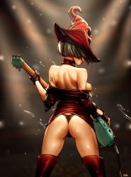 Rule 34 | 1girl, arc system works, ass, backboob, bad id, bad tumblr id, black hair, black panties, breasts, clothes lift, commentary, crowd, exhibitionism, from behind, guilty gear, guilty gear xx, guitar, hat, i-no, instrument, music, nipples, off shoulder, optionaltypo, panties, playing instrument, public indecency, red hat, shirt down, skirt, skirt lift, smile, solo, stage lights, sweat, thong, underwear, water