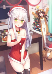 Rule 34 | 2girls, :o, absurdres, animal costume, bare arms, bare shoulders, bell, black legwear, chair, christmas, christmas tree, clothes pull, collar, collarbone, commentary request, cup, curtains, dress, food, green eyes, hat, highres, indoors, long hair, looking at viewer, mitoko (tsuchikure), multiple girls, open mouth, original, red dress, red headwear, reindeer costume, santa hat, shiori (tsuchikure), silver hair, sleeveless, sleeveless dress, standing, strapless, strapless dress, table, thighhighs, thighs, tsuchikure, turkey (food), zettai ryouiki