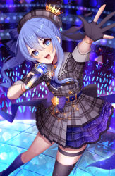 Rule 34 | artist name, asymmetrical legwear, belt, blue eyes, blue hair, bow, bracelet, buttons, checkered clothes, circle, collar, copyright request, crowd, crown, eyebrows, eyelashes, fingerless gloves, gloves, hat, highres, hololive, hoshimachi suisei, jewelry, kamaniki, kneehighs, light stick, looking at viewer, microphone, mismatched legwear, mismatched socks, music, necklace, one-piece dress, open mouth, ponytail, singing, socks, stage, teeth, triangle, virtual youtuber, watermark