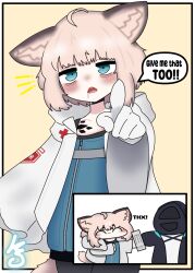 Rule 34 | 1girl, 1other, ahoge, animal ear fluff, animal ears, arknights, bags under eyes, black choker, blue eyes, can, chibi, chibi inset, choker, cloak, coat, doctor (arknights), drink can, drooling, energy drink, english text, fox ears, fox girl, fox tail, gloves, highres, holding, holding can, looking at viewer, material growth, medic, monster energy, open cloak, open clothes, open mouth, originium (arknights), oripathy lesion (arknights), pointing, pointing at viewer, product placement, short hair, signature, soda can, solo focus, sorin, sussurro (arknights), tail, white coat, white gloves, yellow background