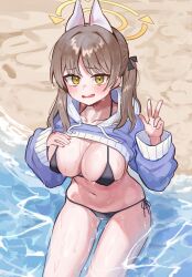 Rule 34 | 1girl, absurdres, beach, bikini, black bikini, black ribbon, blue archive, blue hoodie, blush, breasts, brown hair, choppy bangs, cleavage, clothes lift, commentary, cropped hoodie, embarrassed, from above, hair intakes, hair ribbon, halo, hand on own chest, hand up, highres, hood, hood down, hoodie, large breasts, lifting own clothes, long sleeves, looking at viewer, micro bikini, moe (blue archive), moe (swimsuit) (blue archive), navel, nervous smile, ocean, outdoors, pocari (sq551), puffy long sleeves, puffy sleeves, ribbon, sand, shallow water, shirt lift, side-tie bikini bottom, sitting, skindentation, smile, stomach, swimsuit, thick thighs, thighs, twintails, v, water, wavy mouth, yellow eyes, yellow halo