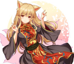 Rule 34 | 1girl, animal ears, blonde hair, blush, breasts, chinese clothes, energy, fox ears, fox shadow puppet, fox tail, gold trim, hand gesture, head tilt, junko (touhou), kemonomimi mode, large breasts, long hair, long sleeves, looking at viewer, monety, red eyes, ribbon, sash, simple background, solo, tabard, tail, touhou, very long hair, white background, wide sleeves