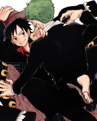 Rule 34 | 2boys, adjusting clothes, adjusting necktie, back, black eyes, black hair, black suit, boy on top, couple, earrings, facial scar, feet out of frame, flip-flops, formal, green hair, hand on another&#039;s ear, hand on headwear, highres, jewelry, kotobukiza, leg lock, looking at another, lying, male focus, monkey d. luffy, multiple boys, necktie, on back, one piece, roronoa zoro, sandals, scar, scar on cheek, scar on face, short hair, single earring, smile, suit, white background, yaoi