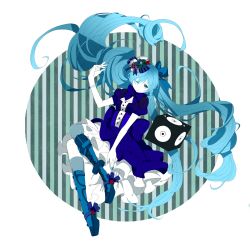 Rule 34 | 1girl, absurdres, aqua eyes, aqua hair, bad id, bad pixiv id, boots, bow, bowtie, dress, floating hair, hatsune miku, highres, knee boots, kneehighs, long hair, nail polish, okuya00, one eye closed, socks, solo, speaker, striped, striped background, thighhighs, twintails, very long hair, vocaloid, wink