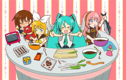 Rule 34 | &gt; &lt;, 4girls, :&lt;, aoya, aqua hair, blush, candy, chocolate, chocolate bar, chocolate heart, chocolate making, closed eyes, cooking, drooling, dual wielding, fish, food, gift, hatsune miku, heart, holding, kagamine rin, knife, megurine luka, meiko (vocaloid), mixing bowl, multiple girls, ribbon, saliva, spoon, spring onion, tuna, valentine, vocaloid, whisk