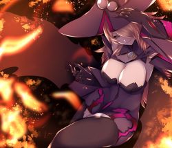 Rule 34 | 1girl, arc system works, black sclera, blazblue, breasts, cleavage, colored sclera, hat, highres, konoe a. mercury, large breasts, long hair, mature female, pink hair, thighhighs, witch hat