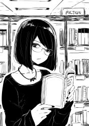 Rule 34 | 1girl, absurdres, book, bookshelf, ceiling, ceiling light, commentary, desyana laurentia, do androids dream of electric sheep?, english commentary, glasses, highres, holding, holding book, indoors, jewelry, looking at viewer, mole, mole under eye, monochrome, necklace, norman maggot, open book, original, short hair, sleeves past wrists, solo, standing, upper body