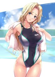 Rule 34 | 1girl, blonde hair, blue eyes, breasts, cloud, competition swimsuit, covered navel, day, highleg, highleg swimsuit, highres, hornet (kancolle), jewelry, kantai collection, kuurunaitsu, large breasts, long hair, looking at viewer, one-piece swimsuit, open mouth, outdoors, pool, ring, sky, solo, swimsuit, towel, towel around neck, very long hair, wedding band, wet, wet clothes, wet swimsuit
