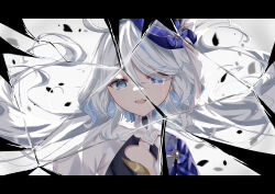 Rule 34 | 1girl, absurdres, blue headwear, blue jacket, broken glass, crying, crying with eyes open, drop-shaped pupils, eyes visible through hair, floating hair, furina (genshin impact), genshin impact, glass, grey background, hair over one eye, hat, heterochromia, highres, jacket, letterboxed, long hair, looking at viewer, mismatched pupils, open mouth, rinmel9, solo, tears, teeth, top hat, upper body, upper teeth only, wavy hair, white hair