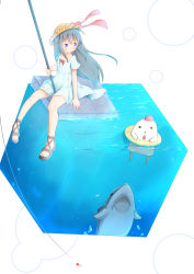Rule 34 | 1girl, absurdres, afloat, air bubble, bird, black footwear, black hair, blue dress, blush, bow, bubble, chicken, closed mouth, collarbone, commentary request, dress, fishing hook, fishing line, fishing rod, hair between eyes, hat, hat bow, highres, holding, holding fishing rod, innertube, long hair, open mouth, original, purple eyes, red bow, sandals, shark, sharp teeth, short sleeves, smile, solo, straw hat, su guryu, submerged, swim ring, teeth, very long hair, water, yellow innertube