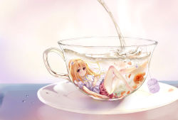 Rule 34 | 1girl, absurdres, anklet, cup, flower, hair between eyes, highres, in container, jcj0125, jewelry, long hair, original, pouring, red eyes, saucer, skirt, smile, solo, submerged, teacup, very long hair, water drop, white background