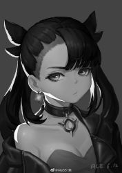 Rule 34 | 1girl, absurdres, ale55, asymmetrical bangs, black hair, breasts, chinese commentary, choker, cleavage, closed mouth, commentary request, creatures (company), dated, dress, earrings, game freak, greyscale, highres, jacket, jewelry, marnie (pokemon), medium hair, monochrome, nintendo, off shoulder, open clothes, open jacket, pokemon, pokemon swsh, solo, upper body