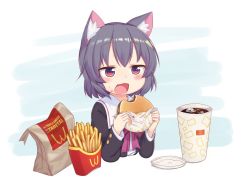 Rule 34 | 1girl, animal ear fluff, animal ears, bag, blush, bow, bowtie, brand name imitation, burger, cat ears, cup, disposable cup, eating, female focus, food, food on face, french fries, holding, holding food, mcdonald&#039;s, open mouth, original, paper bag, purple bow, purple bowtie, purple eyes, purple hair, sailor collar, soda, solo, victor (tama e akira), wcdonald&#039;s, white sailor collar