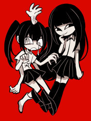 Rule 34 | 2girls, arm at side, asymmetrical eyes, black eyes, black footwear, black hair, black skirt, blunt bangs, claw pose, closed mouth, collared shirt, commentary request, double-parted bangs, dripping eye, empty eyes, extra arms, finger to mouth, floating, full body, greyscale with colored background, hand up, hands up, hatosabure, highres, kneehighs, leaning back, long hair, looking to the side, monoe, monoko, multiple girls, no nose, open mouth, pale skin, pleated skirt, red background, ringed eyes, saliva, shirt, shoes, short sleeves, sidelocks, simple background, skirt, smug, socks, tears, twintails, very long hair, white eyes, white shirt, white socks, yume nikki