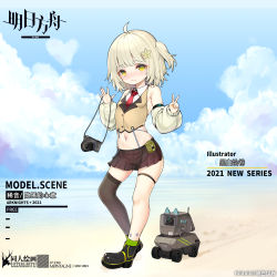Rule 34 | 1girl, 2021, absurdres, aged down, ahoge, arknights, artist name, asymmetrical legwear, beige shirt, black footwear, black skirt, black thighhighs, blonde hair, blush, boots, camera, character name, cloud, cloudy sky, copyright name, dated commentary, detached sleeves, drone, full body, green thighhighs, hair ornament, highres, holding, holding camera, infection monitor (arknights), kuroshiroemaki, lens (arknights), material growth, midriff, mismatched legwear, necktie, oripathy lesion (arknights), pleated skirt, red neckwear, scene (arknights), shirt, short hair, side ponytail, single thighhigh, skirt, sky, sleeveless, sleeveless shirt, socks, standing, star (symbol), star hair ornament, thigh strap, thighhighs, v, watermark, white sleeves, yellow eyes