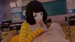 Rule 34 | 1boy, 1girl, 20s, 3d, animated, atlus, blender (medium), book, brown eyes, brown hair, bulletin board, chalkboard, classroom, clothed female nude male, desk, dutch angle, eh, erection, fellatio, hetero, highres, holding, indoors, interior, kawakami sadayo, lamp, long sleeves, looking at viewer, looping animation, lying, matching hair/eyes, megami tensei, nude, on back, oral, penis, penis grab, persona, persona 5, pov, school, shin megami tensei, shirt, short hair, solo focus, striped clothes, striped shirt, teacher, uncensored, video, yellow shirt