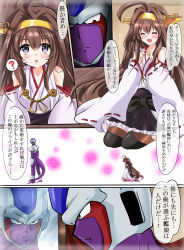 Rule 34 | 1girl, ^ ^, admiral (kancolle), ahoge, blue eyes, brown hair, closed eyes, comic, commentary request, cooler (dragon ball), crossover, detached sleeves, double bun, dragon ball, dragonball z, closed eyes, highres, index fingers together, kantai collection, kongou (kancolle), non-human admiral (kancolle), nontraditional miko, parody, reflection, remodel (kantai collection), sitting, sweat, thighhighs, tonchinkan, translation request, triangle mouth