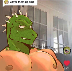 Rule 34 | 1boy, animal head, bara, caiman (dorohedoro), cover them up slut (meme), dialogue box, dorohedoro, green scales, highres, large pectorals, looking at viewer, male focus, meme, muscular, muscular male, nipples, nude, pectorals, reptile boy, solo, sweatdrop, thesketchfox, upper body, user interface