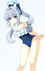 Rule 34 | 1girl, absurdres, alternate costume, alternate hairstyle, blue archive, blush, breasts, cleavage, closed mouth, collarbone, commentary request, grey hair, hair between eyes, hair ornament, hair ribbon, halo, headband, highres, long hair, looking at viewer, miyako (blue archive), ponytail, purple eyes, ribbon, simple background, small breasts, smile, solo, swimsuit, take5321, white background