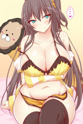 Rule 34 | ..., 1girl, aged up, alternate breast size, alternate hair length, alternate hairstyle, aqua eyes, bare shoulders, black thighhighs, breasts, brown hair, cleavage, closed mouth, collarbone, commentary, detached sleeves, hair ornament, hair scrunchie, head tilt, heart, hololive, large breasts, long hair, midriff, natsuiro matsuri, natsuiro matsuri (matsuri&#039;s day off), navel, one side up, pajamas, sakurapochi, scrunchie, sitting, smile, solo, spoken ellipsis, spoken heart, stomach, thick thighs, thighhighs, thighs, virtual youtuber