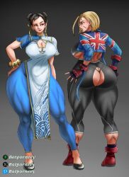 Rule 34 | 2girls, batpornery, breasts, cammy white, capcom, chun-li, cleavage, cleavage cutout, clothing cutout, large breasts, multiple girls, muscular legs, pants, scar, street fighter, street fighter 6, torn clothes, torn pants, underboob