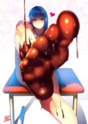 Rule 34 | 1girl, adjusting hair, bare legs, barefoot, black hair, blunt bangs, blurry, chocolate, closed mouth, dated, depth of field, desk, feet, food on body, foot focus, heart, highres, k.ty (amejin), leg up, long hair, looking at viewer, on desk, original, pouring, purple eyes, school desk, shadow, signature, soles, solo, star (symbol), toes, valentine, white background