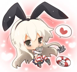 Rule 34 | 10s, 1girl, anchor, blonde hair, blush, chibi, elbow gloves, gloves, hahifuhe, hair ornament, hairband, heart, hug, kantai collection, lifebuoy, long hair, personification, rensouhou-chan, shimakaze (kancolle), skirt, solo, striped clothes, striped thighhighs, swim ring, thighhighs, white gloves