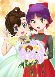 Rule 34 | 2girls, absurdres, ahoge, artist name, asymmetrical hair, black eyes, blue eyes, blue shirt, blush, blush stickers, bouquet, bow, brown hair, character doll, choker, colored sclera, creature, dress, dress bow, fang, flower, gegege no kitarou, gegege no kitarou 6, green choker, green dress, hair between eyes, hair bow, hair ornament, hair over one eye, hairclip, hand on another&#039;s shoulder, hand up, highres, holding, holding bouquet, inuyama mana, ittan momen (gegege no kitarou), jacket, kitarou, konaki jijii, looking at viewer, magazine request, magazine scan, medama oyaji, multiple girls, nekomusume, nekomusume (gegege no kitarou 6), nezumi otoko, nurikabe (character), official art, open mouth, patterned background, ponytail, purple hair, red bow, red choker, red dress, red sclera, rose, round teeth, scan, shimizu sorato, shirt, silver hair, smile, striped clothes, striped jacket, sunakake babaa, teeth, tongue, traditional youkai, triangle mouth, white eyes, white flower, yellow bow, yellow eyes