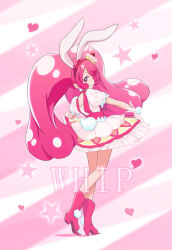 Rule 34 | 10s, 1girl, animal ears, character name, clothes lift, cure whip, earrings, extra ears, food-themed hair ornament, full body, gloves, hair ornament, heart, jewelry, kaineri, kirakira precure a la mode, looking at viewer, magical girl, pink background, pink eyes, pink hair, pom pom (clothes), pom pom earrings, precure, rabbit ears, skirt, skirt lift, solo, standing, star (symbol), twintails, usami ichika, white gloves