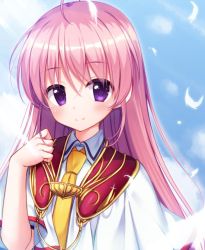 Rule 34 | 1girl, ahoge, blue sky, blush, cariboy, closed mouth, cloud, collared shirt, commentary, copyright request, day, feathers, hair between eyes, hand up, long hair, looking at viewer, necktie, outdoors, pink hair, purple eyes, shirt, short sleeves, sky, smile, solo, symbol-only commentary, upper body, white feathers, white shirt, yellow necktie