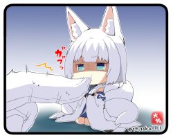 Rule 34 | 1girl, animal ears, azur lane, biting, blunt bangs, blush, chibi, clenched hand, commander (azur lane), commentary request, detached sleeves, eyeshadow, fox ears, fox girl, fox tail, gloves, hands on own hips, hat, japanese clothes, kaga (battleship) (azur lane), kitsune, kyuubi, long sleeves, looking at viewer, makeup, mini hat, multiple tails, out of frame, shaded face, short hair, sidelocks, tail, taisa (kari), translation request, twitter username, white gloves, white hair, wide sleeves