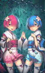 Rule 34 | 10s, 2girls, bamboo, bamboo forest, blue eyes, blue hair, blunt bangs, detached sleeves, forest, hair ornament, hair over one eye, holding hands, japanese clothes, kashi kosugi, kimono, lace-trimmed sleeves, lace trim, multiple girls, nature, obi, open mouth, pink hair, ram (re:zero), re:zero kara hajimeru isekai seikatsu, rem (re:zero), ribbon-trimmed clothes, ribbon-trimmed legwear, ribbon trim, sash, short kimono, siblings, sisters, smile, thighhighs, twins, white legwear, wide sleeves, x hair ornament, yellow eyes, zettai ryouiki