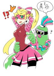 Rule 34 | !?, 1girl, 2018, ?, arms (game), arms behind head, beasts, behind another, bike shorts, blonde hair, bow, covered erect nipples, dna man (arms), goggles, grabbing, grabbing from behind, hair bow, hitohito, nintendo, open mouth, ribbon girl (arms), skirt, thought bubble