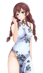 Rule 34 | 1girl, alternate costume, bare arms, blush, braid, breasts, brown hair, china dress, chinese clothes, dress, gold trim, green eyes, highres, kantai collection, large breasts, long hair, noshiro (kancolle), ringed eyes, simple background, smile, solo, thighs, twin braids, white background, white dress, yamato (083)