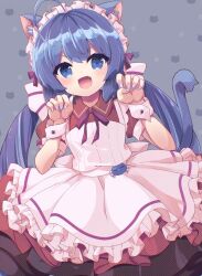 Rule 34 | 1girl, ahoge, alternate costume, animal ears, blue background, blue eyes, blue hair, blue tail, bow, buttons, cat ears, cat girl, cat tail, collared dress, dress, fang, frilled dress, frilled headwear, frills, hair bow, halftone, hands up, highres, layered dress, long hair, low twintails, mitsugushi yuu, neck ribbon, open mouth, otomachi una, paw pose, puffy short sleeves, puffy sleeves, purple bow, purple ribbon, purple trim, red shirt, ribbon, shirt, short sleeves, skin fang, smile, solo, striped bow, tail, twintails, v-shaped eyebrows, vocaloid, white bow, white headdress, white wrist cuffs, wrist cuffs
