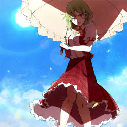 Rule 34 | 1girl, :d, day, falsehood, from below, green hair, holding, kazami yuuka, looking at viewer, open mouth, parasol, petals, plaid, plaid skirt, plaid vest, red eyes, shade, short hair, skirt, sky, smile, solo, sun, touhou, umbrella, vest