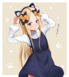 Rule 34 | 1girl, abigail williams (fate), animal ear fluff, animal ears, arms up, black bow, black hairband, blonde hair, blue dress, blue eyes, blush, bow, cat ears, collared shirt, commentary request, dress, dress shirt, fake animal ears, fate/grand order, fate (series), forehead, hair bow, hairband, highres, long hair, long sleeves, open mouth, orange bow, parted lips, polka dot, polka dot bow, polka dot hairband, puffy long sleeves, puffy sleeves, sakazakinchan, shirt, sleeveless, sleeveless dress, solo, translation request, very long hair, wavy mouth, white shirt