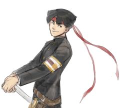 Rule 34 | 1boy, ace attorney, armband, belt, black eyes, black hair, black jacket, buttons, closed mouth, godzillapigeon1, hands on hilt, happy, headband, jacket, kazuma asogi, long sleeves, looking back, male focus, matching hair/eyes, red headband, short hair, simple background, sketch, smile, solo, standing, the great ace attorney, upper body, v-shaped eyebrows, white background