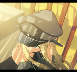 Rule 34 | 10s, 1girl, anchor choker, anime coloring, bare shoulders, bismarck (kancolle), black hat, blonde hair, blue eyes, detached sleeves, from above, hat, kantai collection, letterboxed, long hair, looking away, military, military uniform, solo, stairs, tomato (lsj44867), uniform