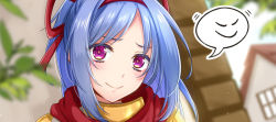 Rule 34 | 1girl, 20nigu, blue hair, blush, closed mouth, commentary request, hair ribbon, looking at viewer, paid reward available, portrait, purple eyes, ragnarok online, red ribbon, red scarf, ribbon, rune knight (ragnarok online), scarf, smile, solo