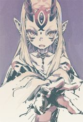 Rule 34 | 1girl, bad id, bad twitter id, bare shoulders, black nails, blonde hair, collarbone, earrings, facial mark, fate (series), fingernails, hatching (texture), horns, ibaraki douji (fate), japanese clothes, jewelry, kimono, long hair, nail polish, oni, oni horns, open mouth, orange eyes, pointy ears, purple background, reaching, reaching towards viewer, sketch, solo, teeth, third eye, upper teeth only, wide sleeves, yatotome, yellow kimono
