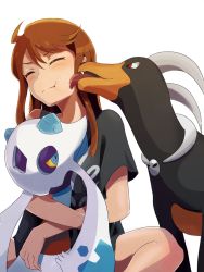 Rule 34 | 10s, 1girl, :t, bad id, bad twitter id, black shirt, blue eyes, blush, brown hair, closed mouth, clothes writing, creatures (company), closed eyes, fangs, froslass, game freak, gen 2 pokemon, gen 4 pokemon, highres, horns, houndoom, hug, idolmaster, idolmaster million live!, licking, long hair, looking at another, looking at viewer, neji (nezi hs), nintendo, pokemon, pokemon (creature), red eyes, saliva, shirt, short sleeves, simple background, sitting, spread legs, t-shirt, tokoro megumi, tongue, tongue out, white background, wince
