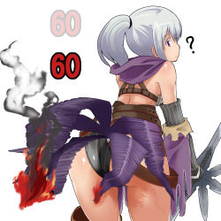 Rule 34 | 1girl, ?, aasara, ass, burning, elbow gloves, fantasy earth zero, feathers, fire, from behind, gameplay mechanics, gloves, long hair, looking back, ponytail, purple eyes, silver hair, solo, strap, tosarayama