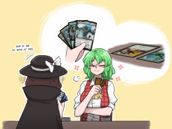 Rule 34 | arm under breasts, ascot, black cape, black headwear, blush stickers, breasts, brown hair, cape, card, card game, closed eyes, commentary, english commentary, english text, flower, from behind, gloom (expression), green hair, hat, hat ribbon, holding, holding card, kazami yuuka, kozilek butcher of truth, large breasts, magic: the gathering, mata (matasoup), medium hair, outline, red vest, ribbon, shirt, simple background, smile, snort, sweatdrop, touhou, upper body, usami sumireko, vest, vorinclex, voice of hunger, white outline, white ribbon, white shirt, yellow ascot, yellow background