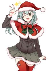 Rule 34 | 10s, 1girl, :d, alternate costume, alternate eye color, aqua hair, arm up, bad id, bad twitter id, buttons, capelet, fur, green hair, hair ornament, hairclip, hat, jacket, kantai collection, long hair, long sleeves, nagomi (mokatitk), one eye closed, open mouth, pleated skirt, red thighhighs, ribbon, salute, santa hat, simple background, skirt, smile, solo, star (symbol), suzuya (kancolle), thighhighs, white background, yellow eyes, zettai ryouiki