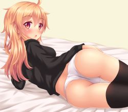 Rule 34 | 1girl, :o, absurdres, ass, bed sheet, black shirt, black thighhighs, blonde hair, blush, from behind, hair between eyes, hand on own hip, highres, long hair, long sleeves, looking at viewer, lying, no pants, nottytiffy, on bed, on side, open mouth, original, panties, red eyes, shirt, simple background, solo, sweater, thigh gap, thighhighs, tiffy (nottytiffy), underwear, white panties, yellow background