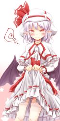 Rule 34 | 1girl, ascot, bat wings, blush, capelet, choker, closed mouth, clothes lift, commentary request, gradient background, hat, hat ribbon, highres, lifting own clothes, light purple hair, long sleeves, looking at viewer, mob cap, pink background, pointy ears, red ribbon, remilia scarlet, ribbon, ribbon-trimmed skirt, ribbon trim, skirt, skirt lift, solo, squiggle, star (symbol), tamasan, tears, thighhighs, touhou, white background, white hat, white thighhighs, wings